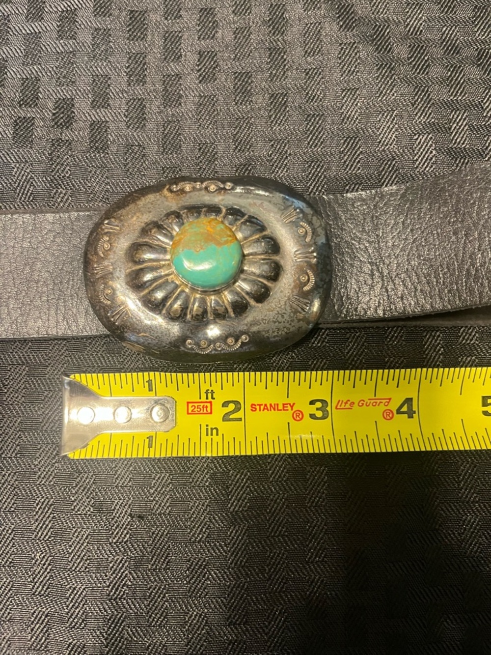 Navajo Vintage Black Leather Belt with 3 Sterling SilverTurquoise-Accent conchos - Picture 6 of 10